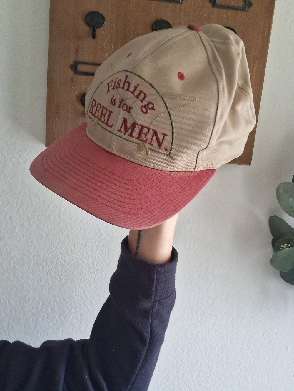 Shoebox Fishing is for Reel Men Snapback Hat Beige & Red